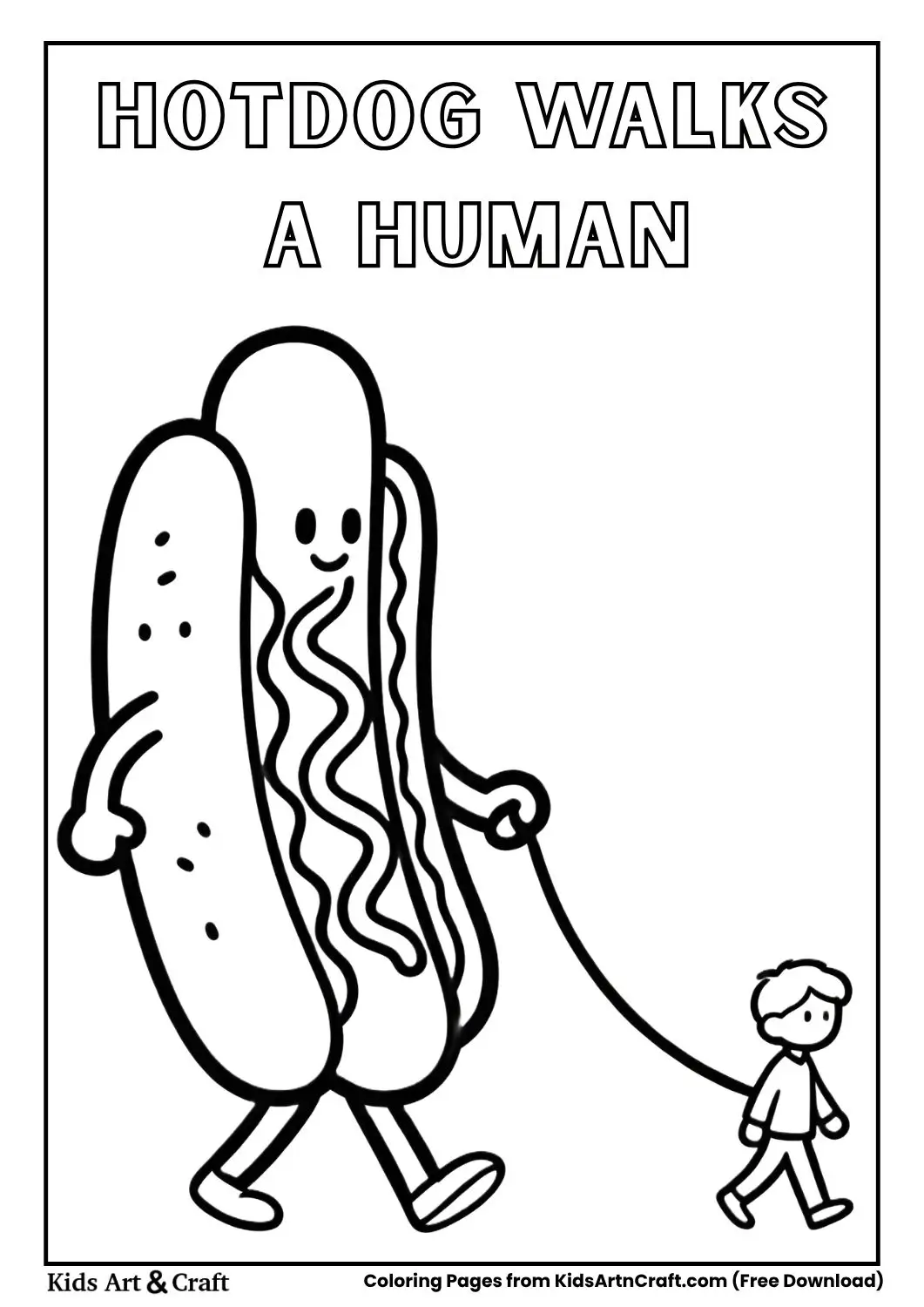 Hotdog walking a human on a leash funny coloring page