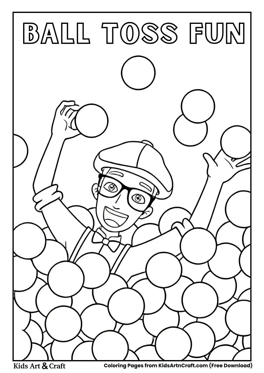Cartoon character juggling balls with a pile around him