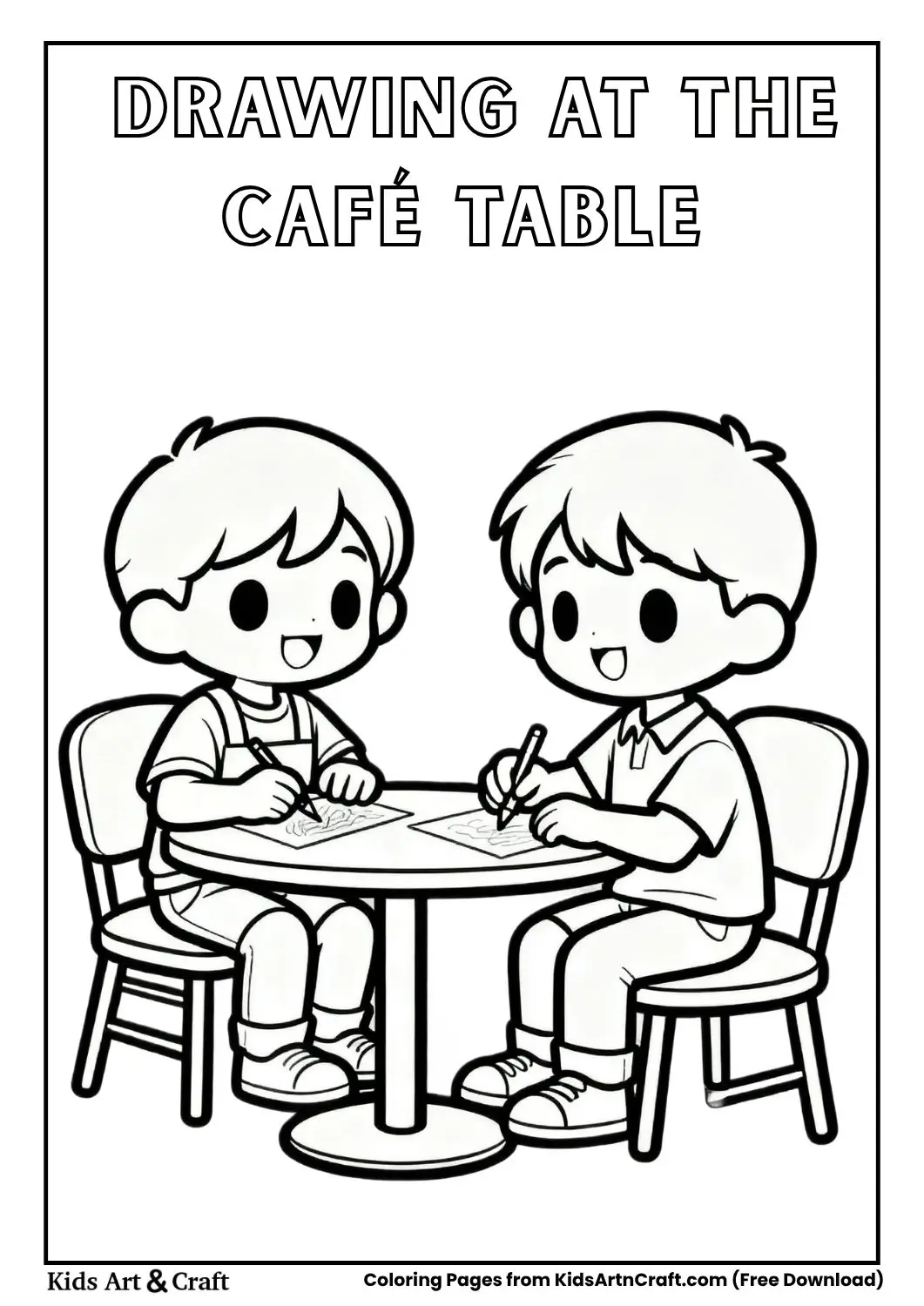 children drawing at a cafe art table coloring page