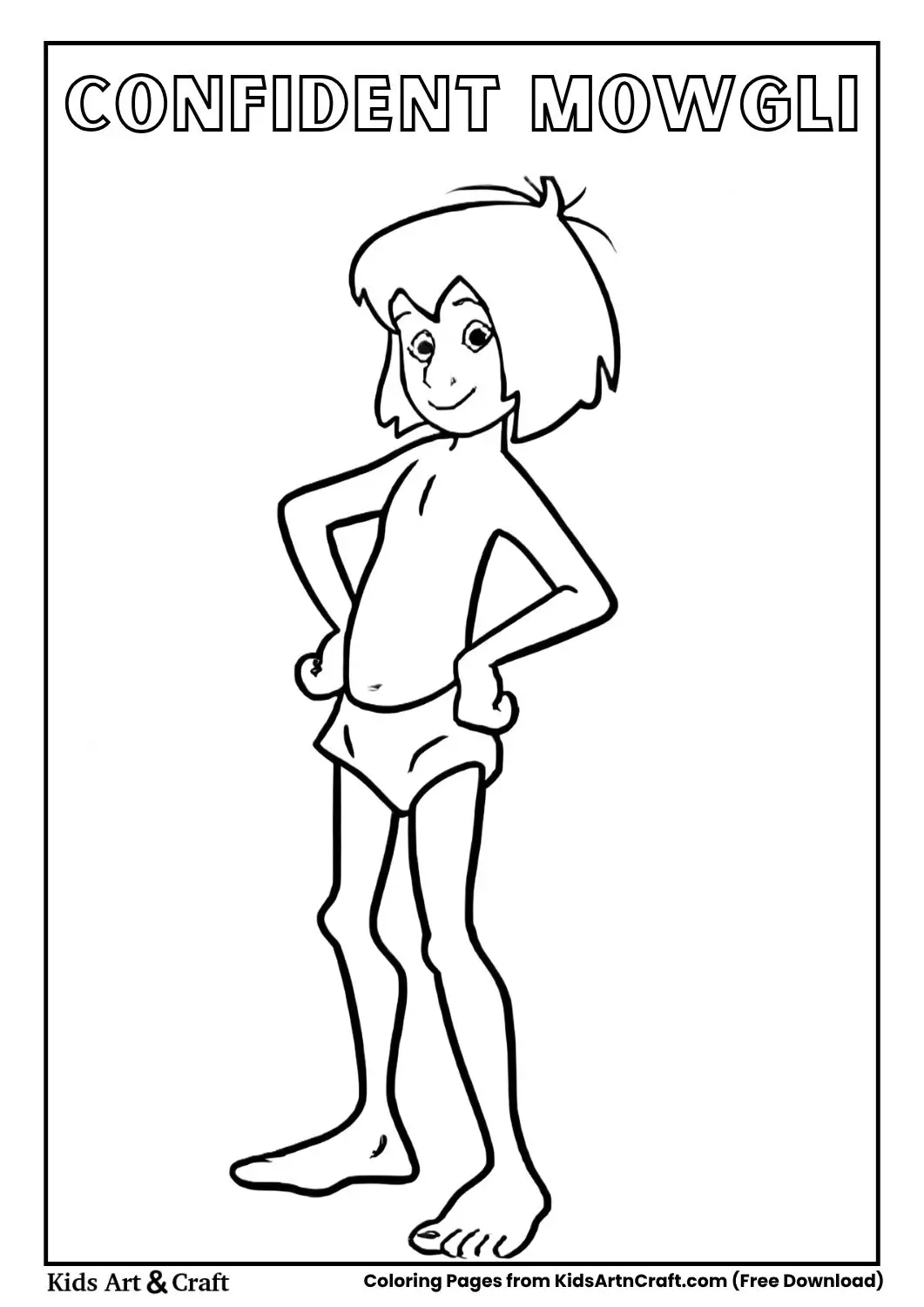 Mowgli standing with hands on hips simple line drawing