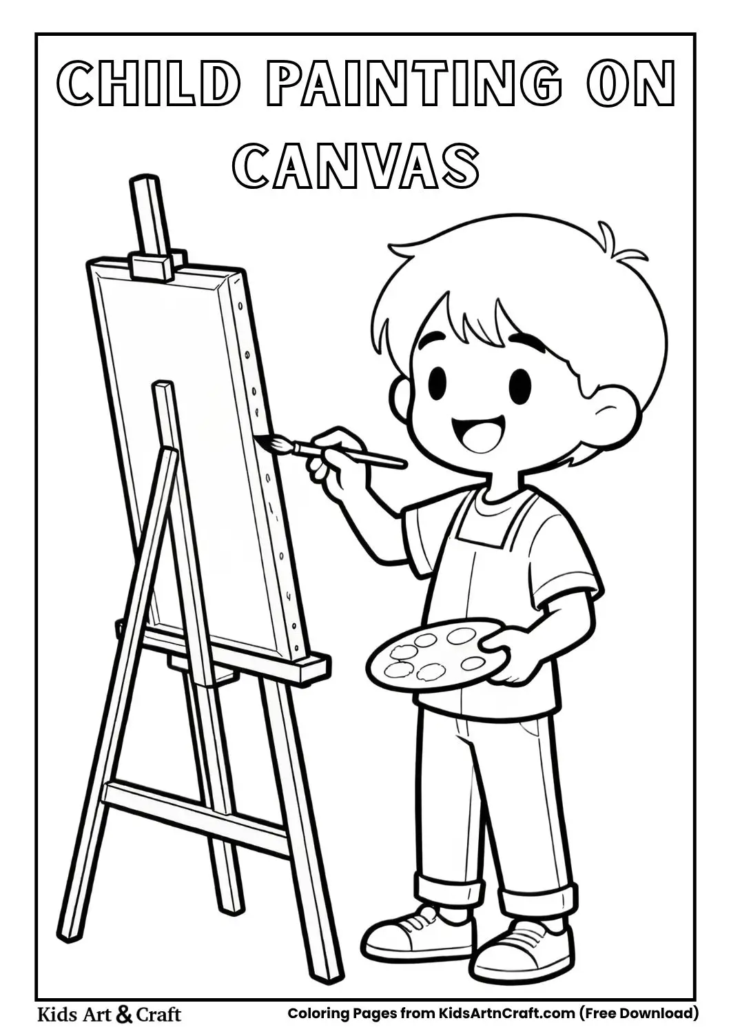 black and white coloring page of child painting on a canvas