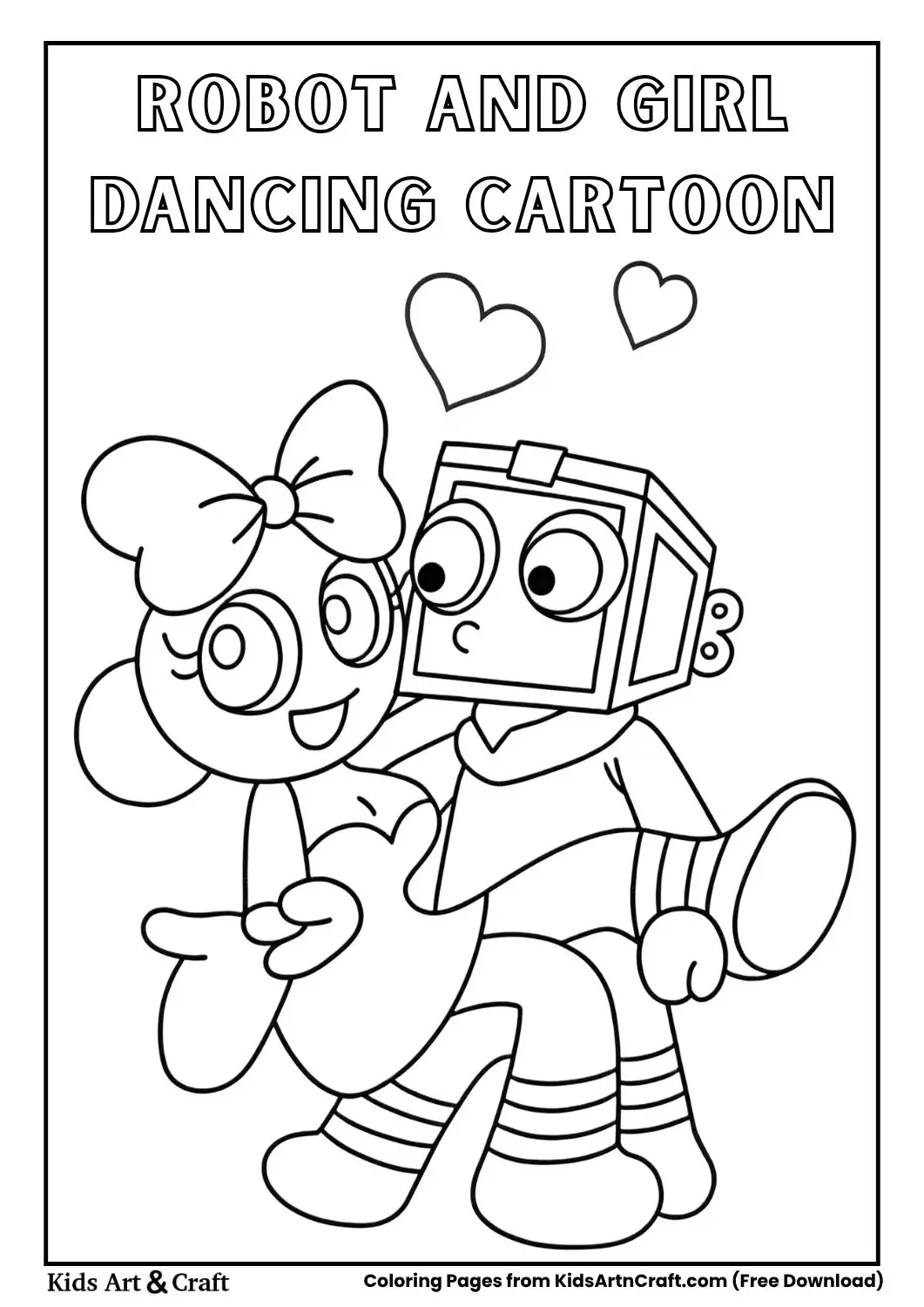 robot dancing with girl cartoon character with hearts above