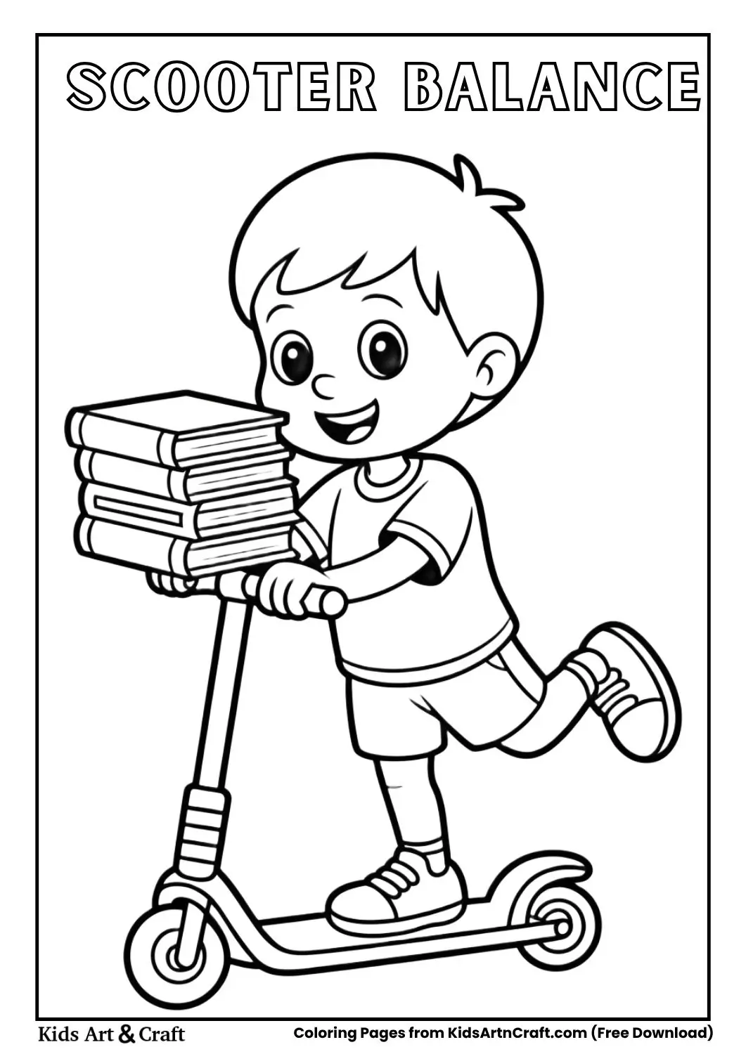 Child balancing on a scooter holding a stack of books