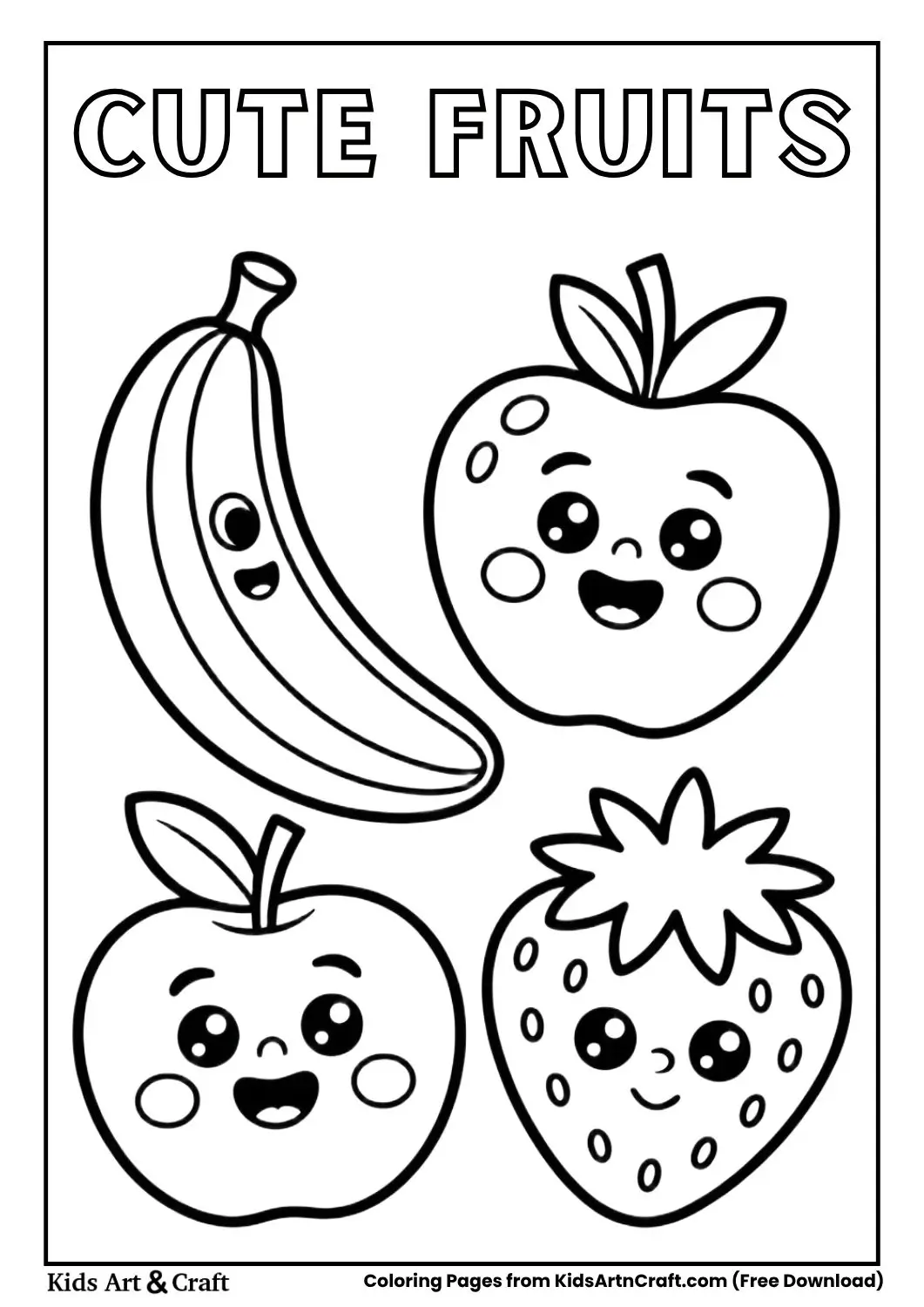 banana apple strawberry cute faces coloring page