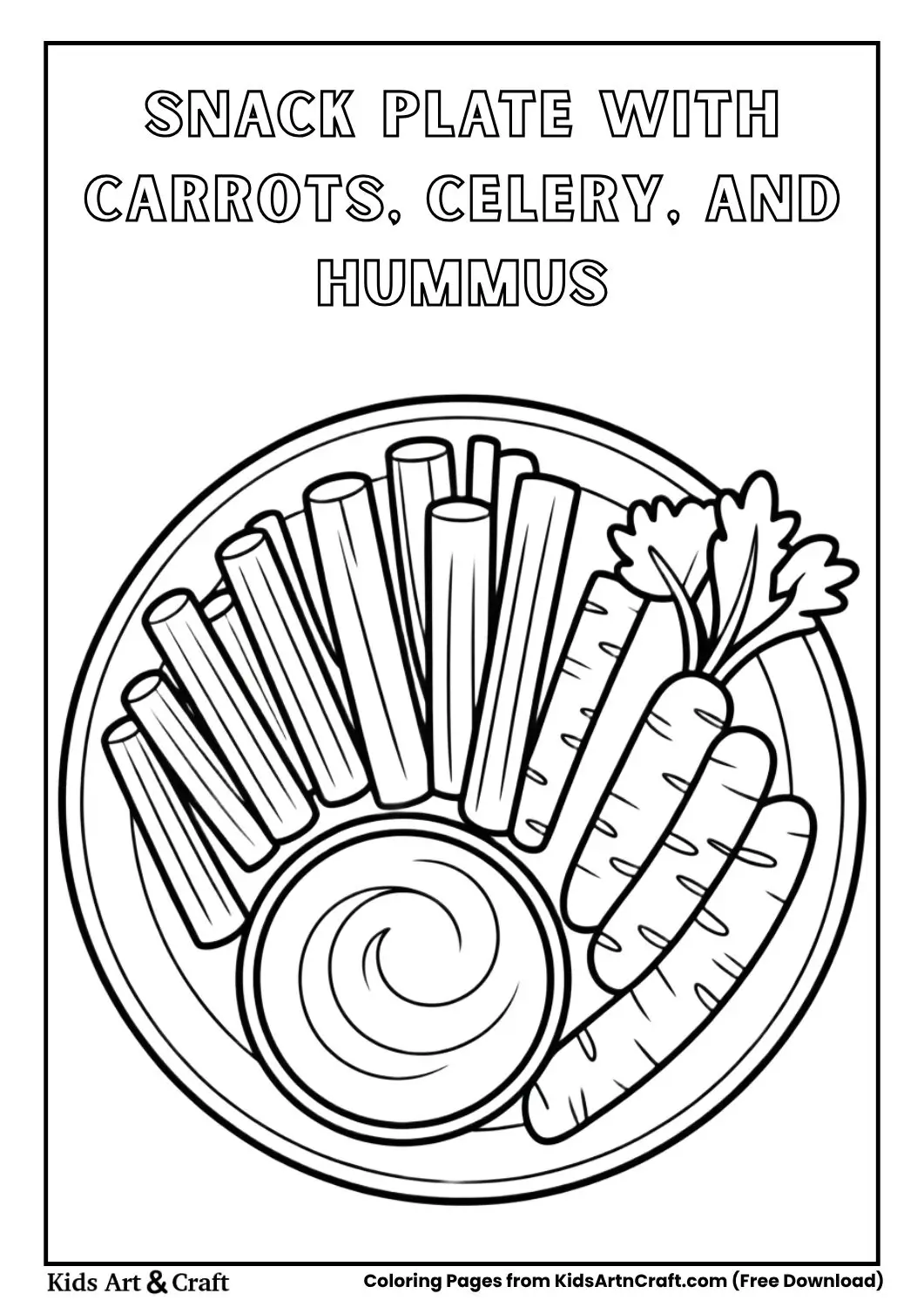 Black and white coloring page of a snack plate with carrot sticks, celery, and hummus