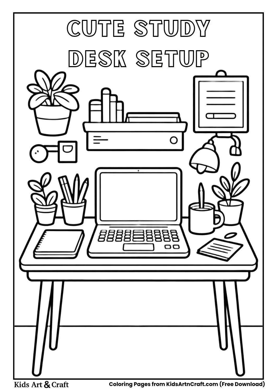 study desk with laptop coffee stationery coloring page