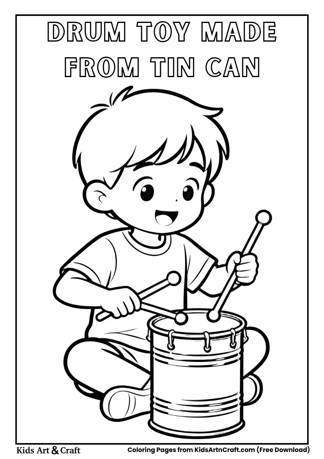 child making toy drum from tin can simple coloring page