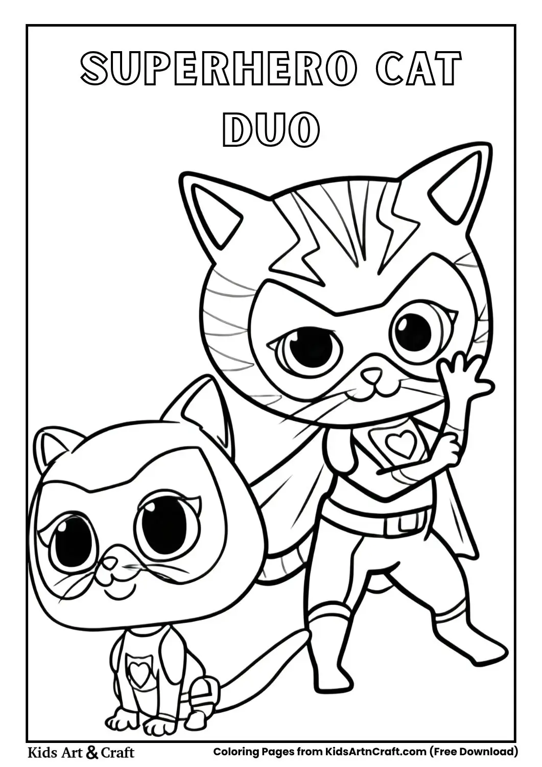 Two cartoon superhero cats with flowers around them coloring page