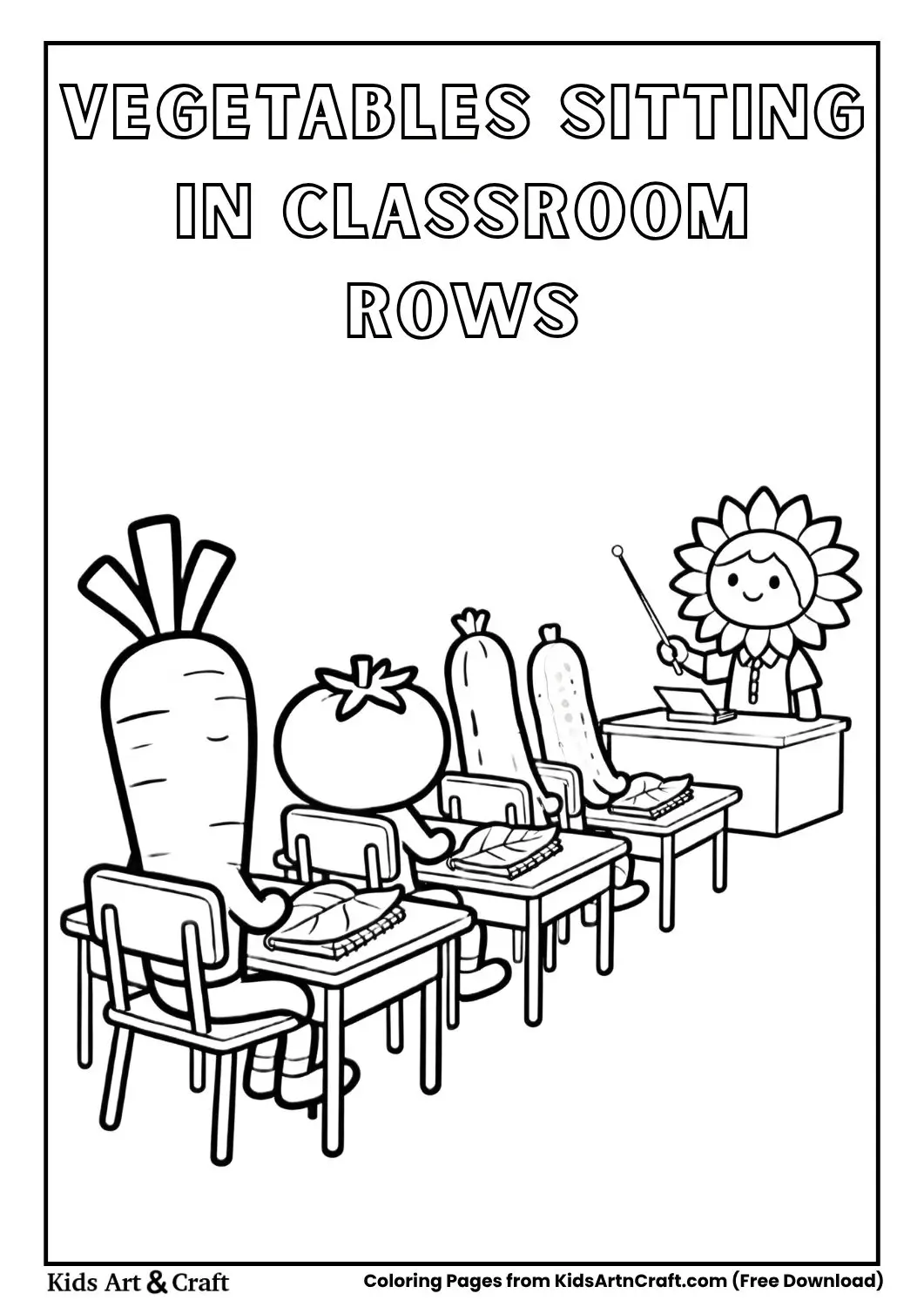 vegetables sitting in row of desks classroom coloring page