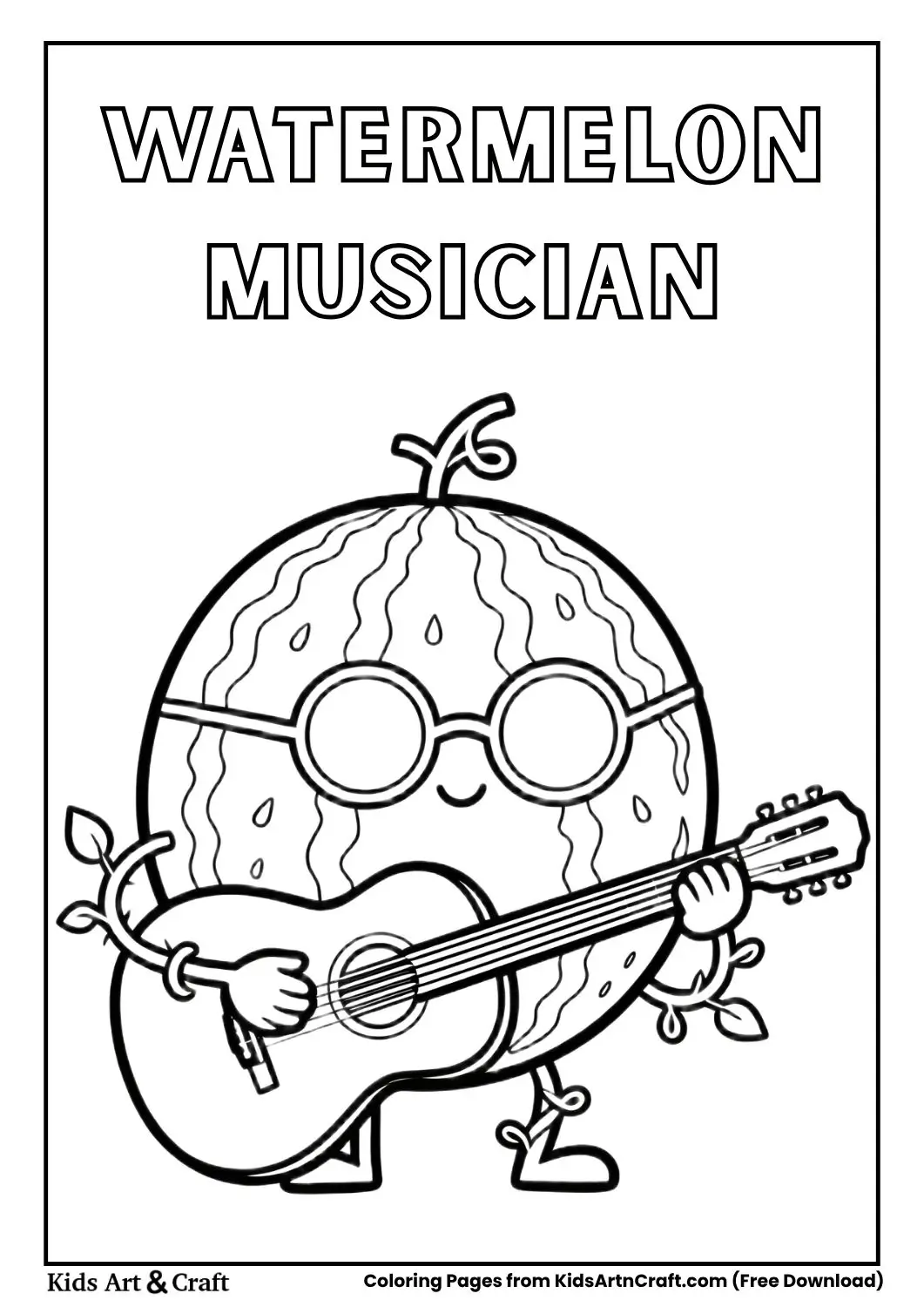 Watermelon playing guitar with sunglasses coloring page 