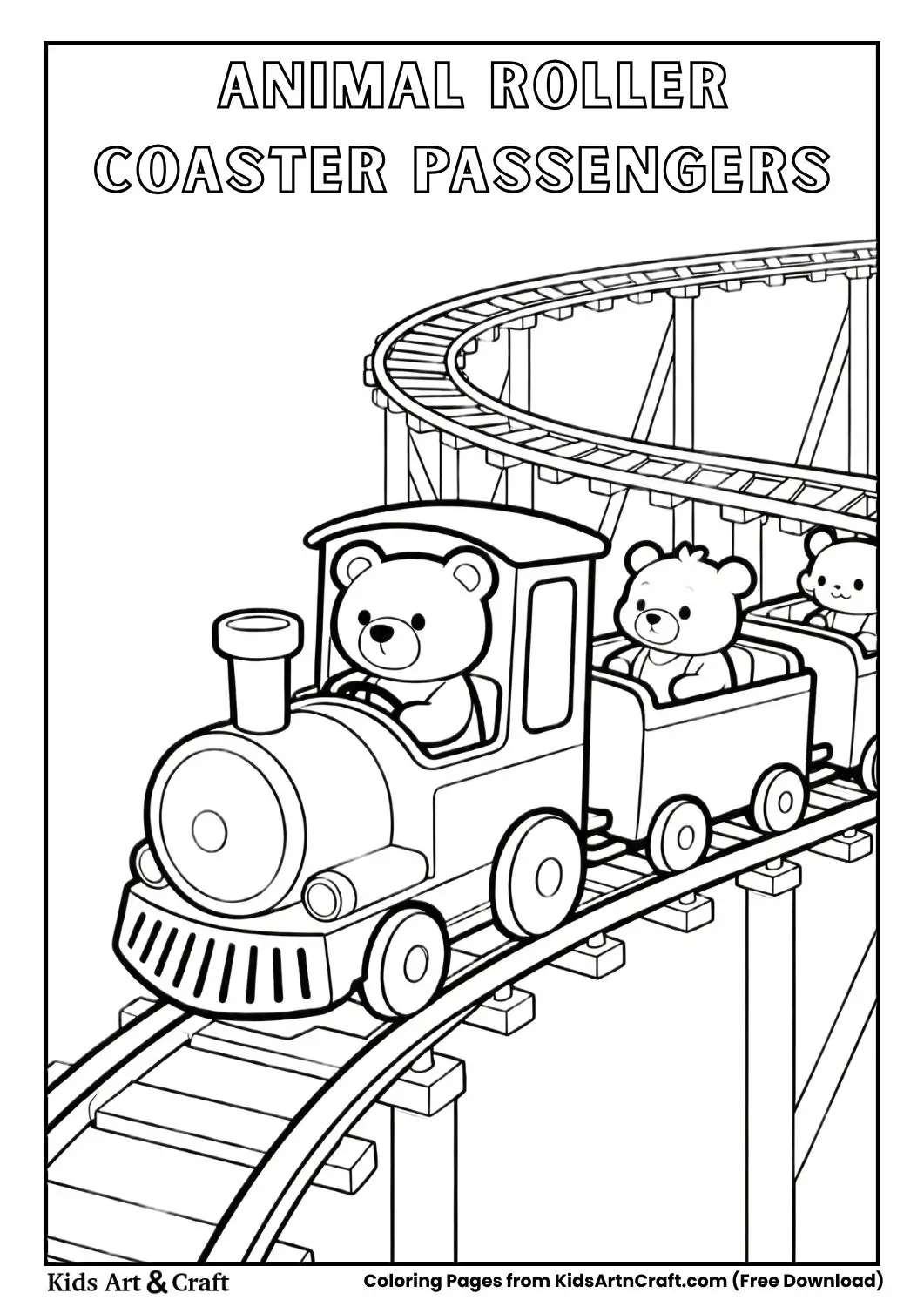 Cartoon animals riding a roller coaster, black and white line art