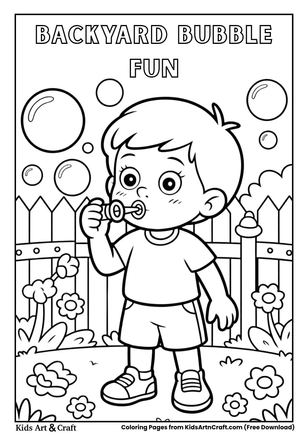 Child blowing bubbles in a backyard with fence and flowers