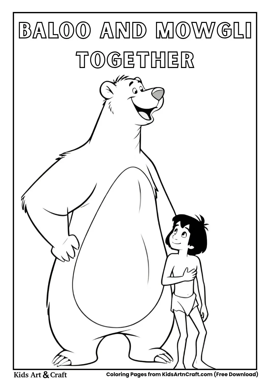 Baloo standing beside Mowgli smiling in line art
