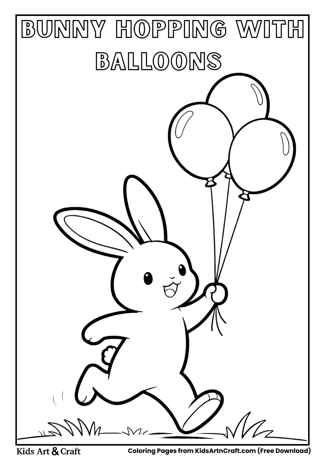 Bunny hopping while holding balloons, black and white line art coloring page