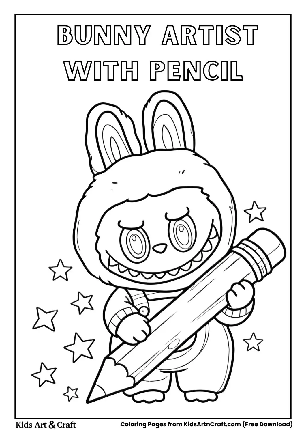 Cartoon bunny character holding large pencil with spiral eyes and stars