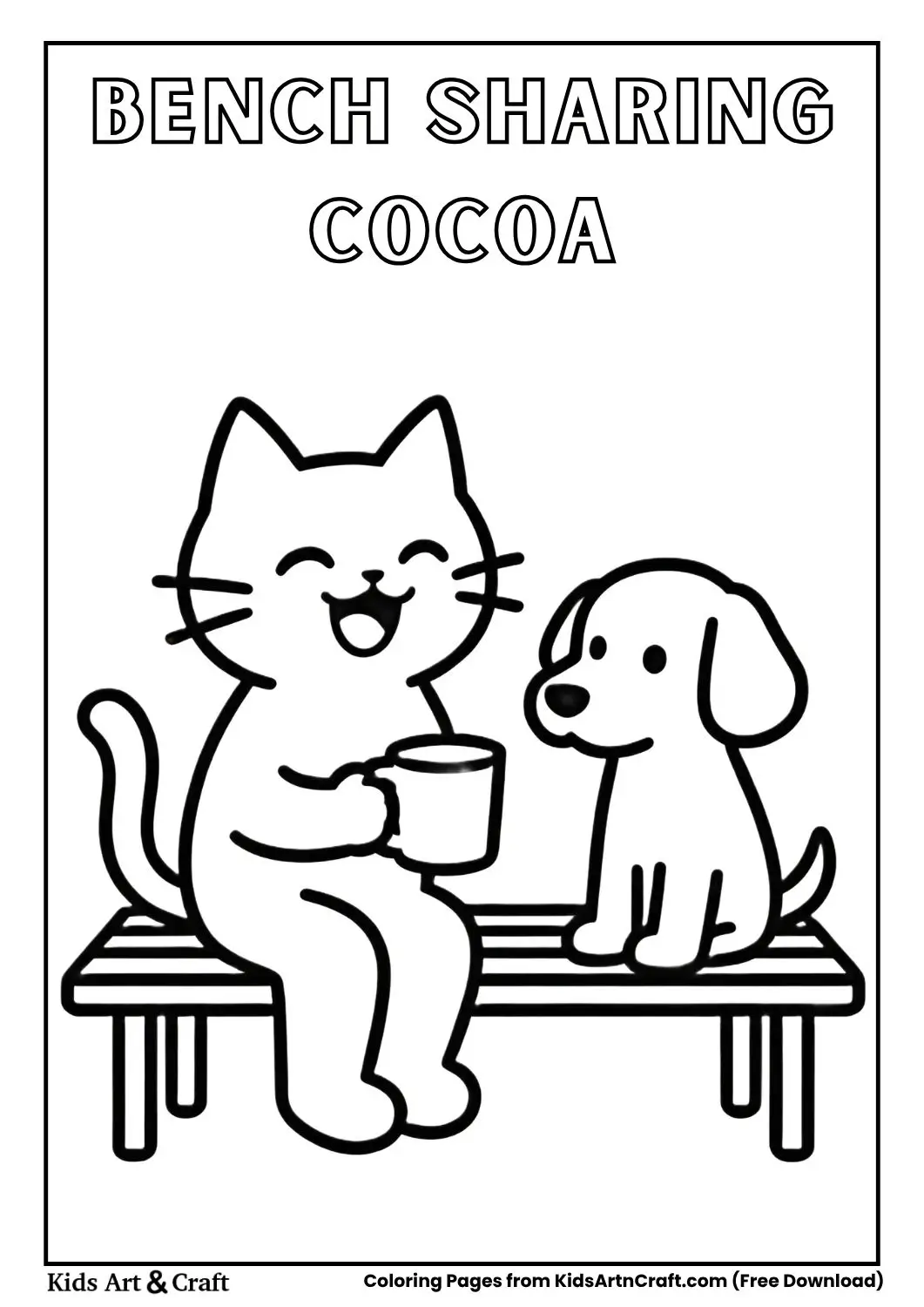 Cat and puppy sitting on a bench drinking hot chocolate