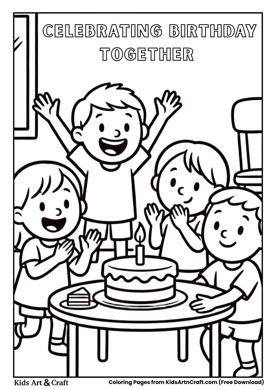 Kids celebrating birthday together colouring page with cake in black and white outline style