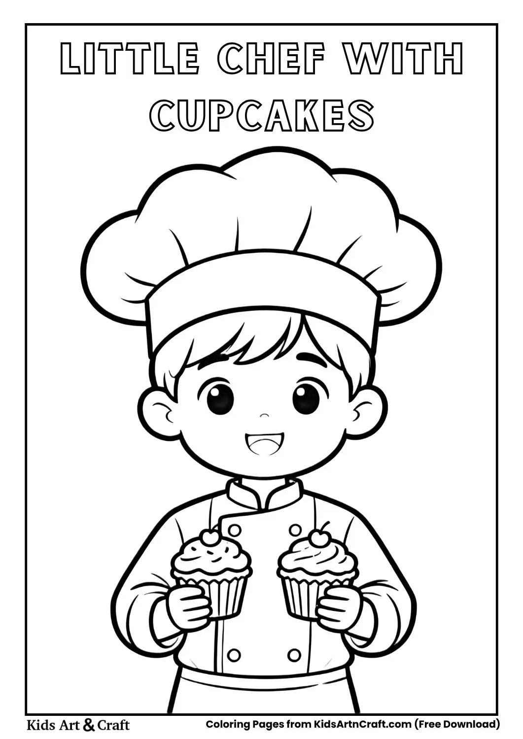 kid wearing chef hat holding cupcakes coloring page