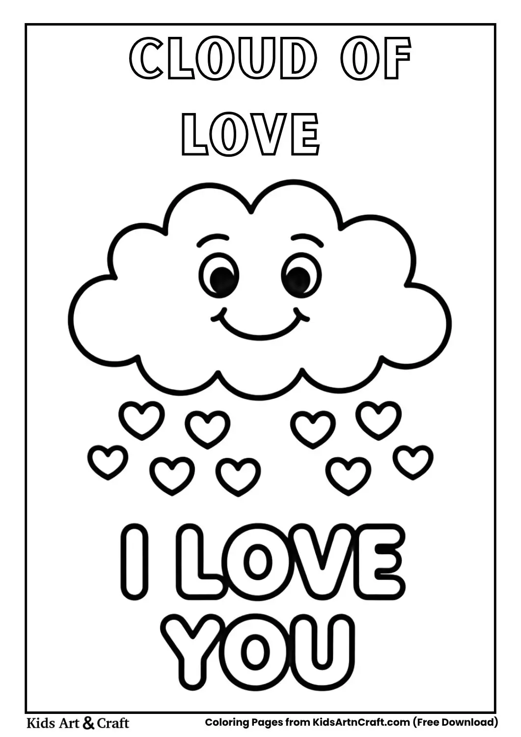 Smiling cloud raining hearts with I Love You coloring page