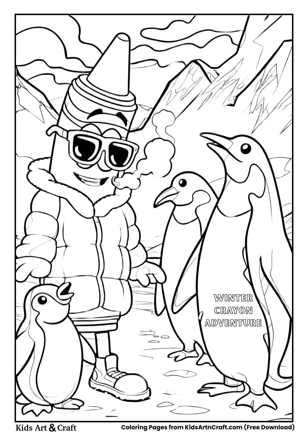 Crayon in winter clothes with penguins in snowy landscape