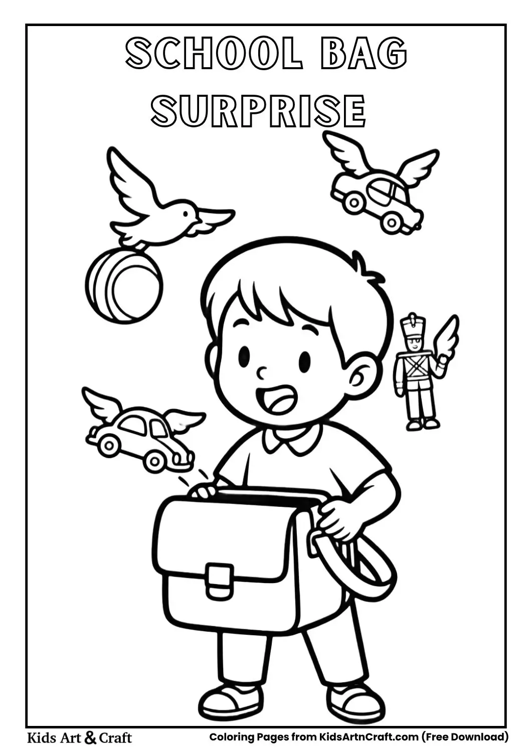 Toys flying out of school bag like birds coloring page