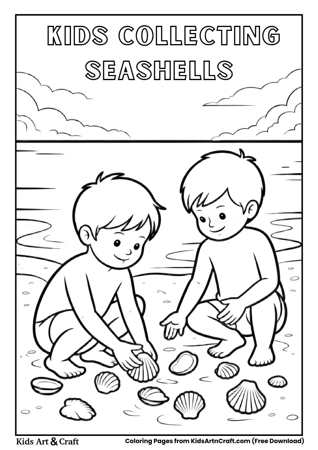 Kids collecting seashells on a sandy beach, black-and-white coloring page.