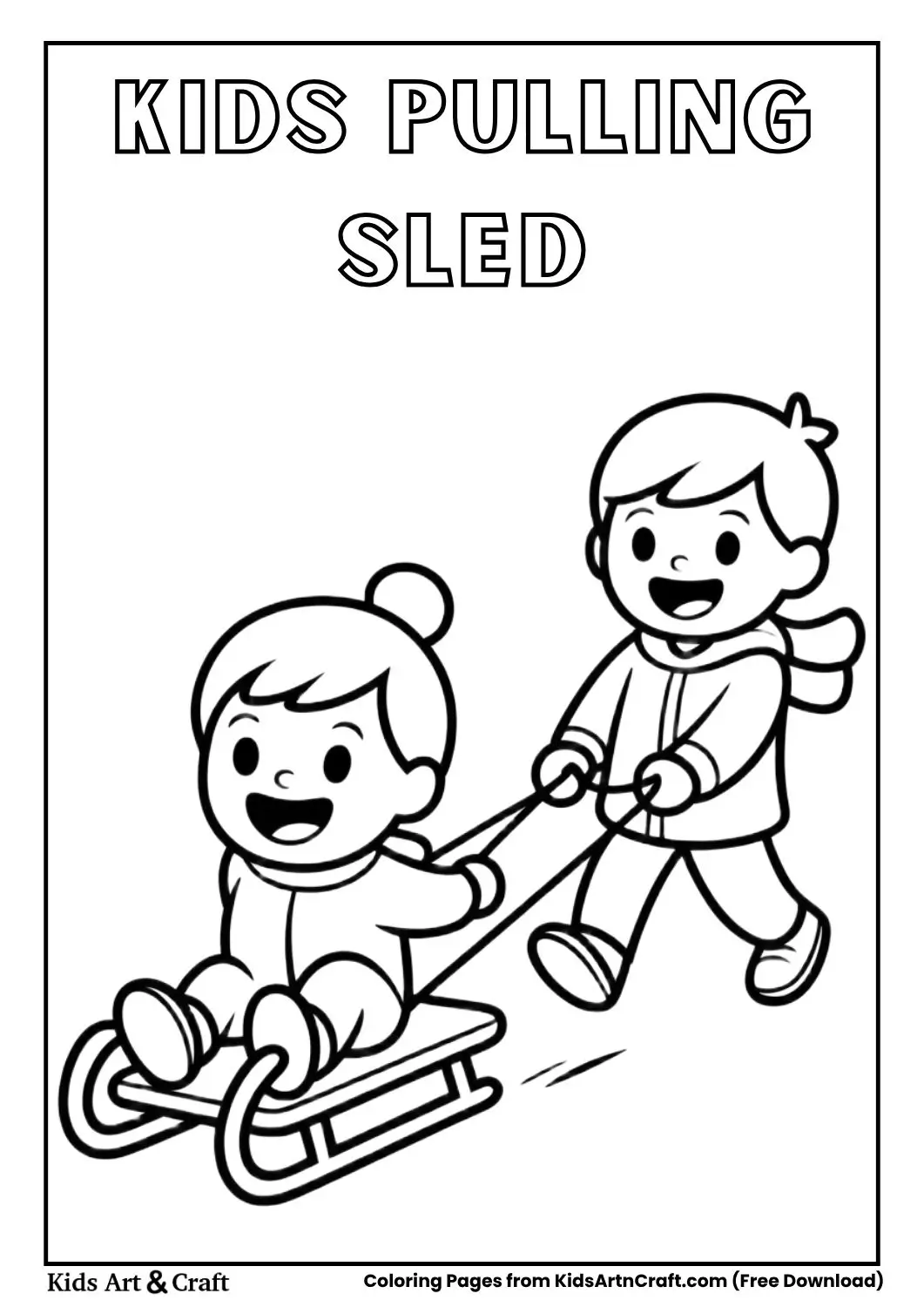 Kids pulling each other on a sled black-and-white coloring page