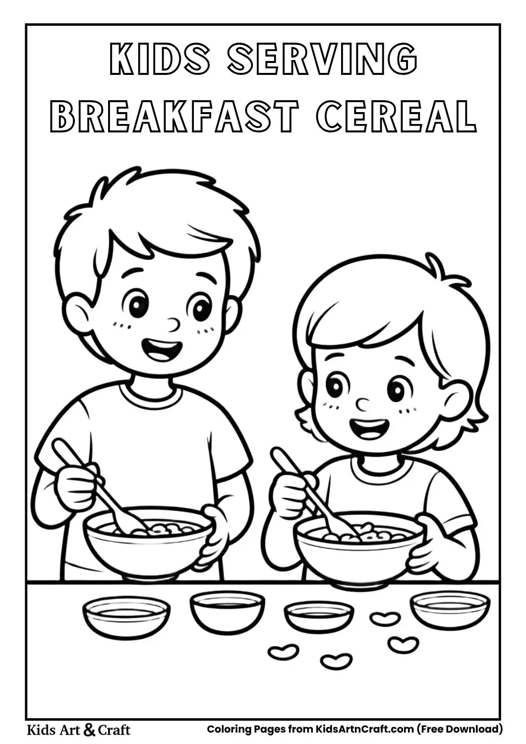 Kids serving cereal breakfast coloring page