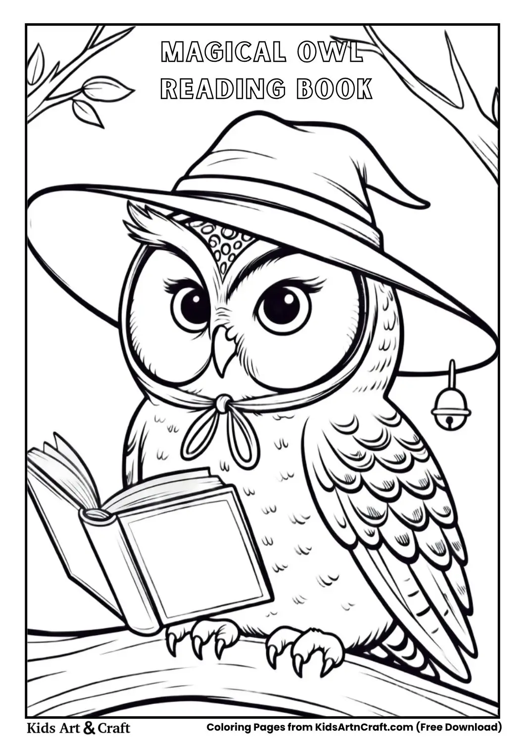 Owl wearing hat reading book whimsical coloring page