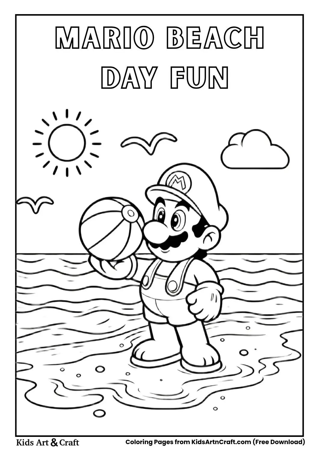 Mario standing on a beach holding a ball with ocean waves behind