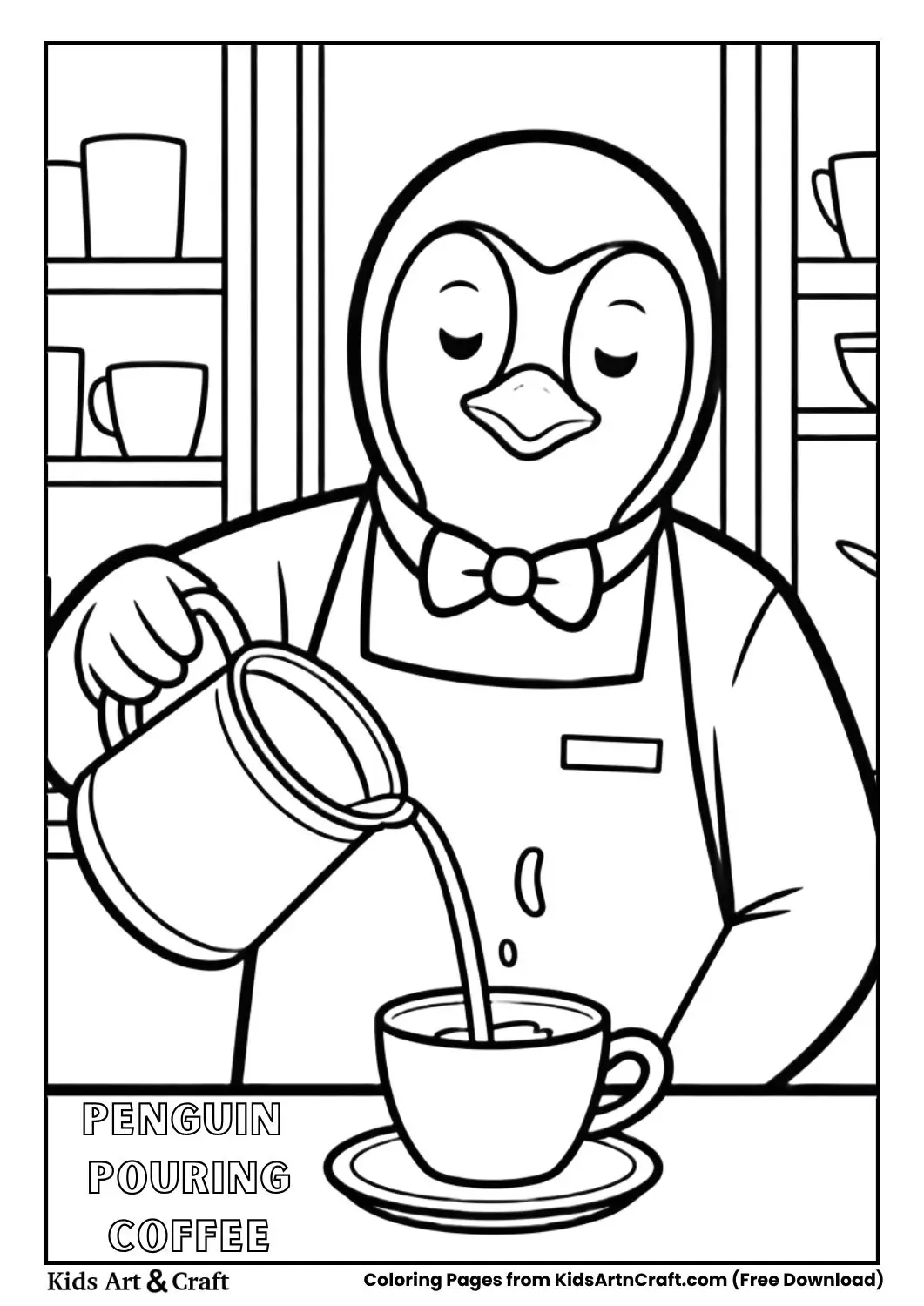 Penguin barista pouring coffee coloring page