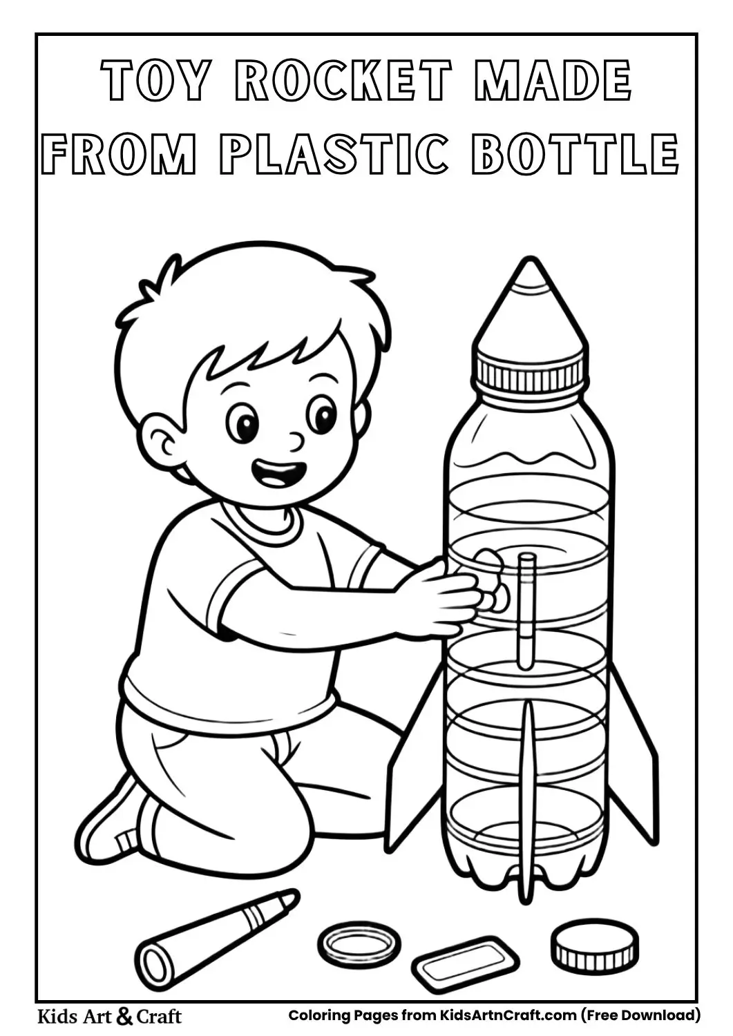 child making toy rocket using plastic bottle simple coloring page
