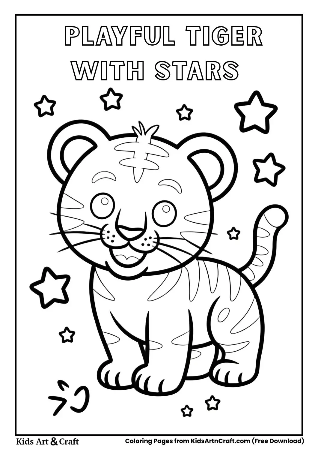 Cartoon tiger cub with stars black and white coloring page