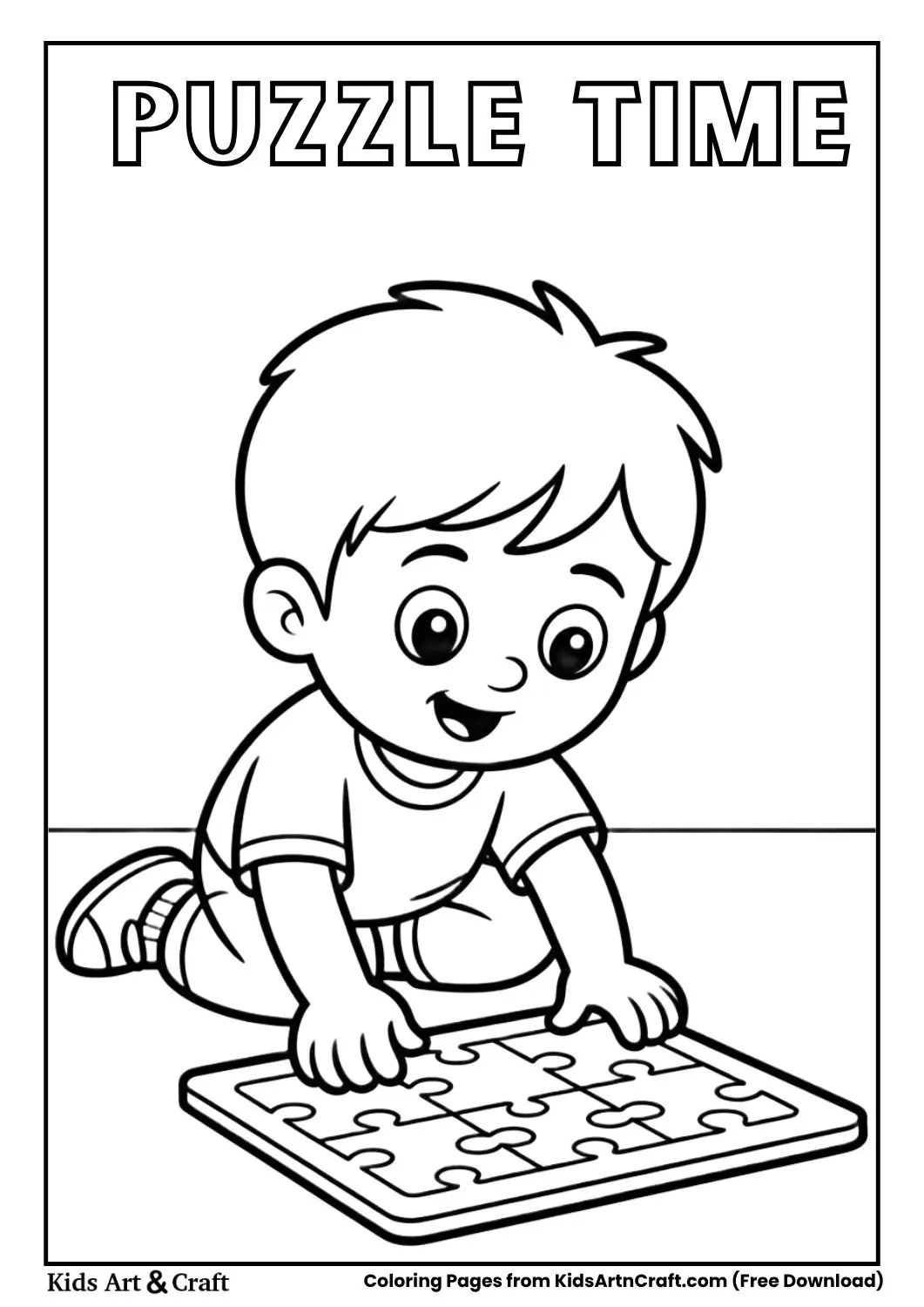 Child solving puzzle on floor coloring page