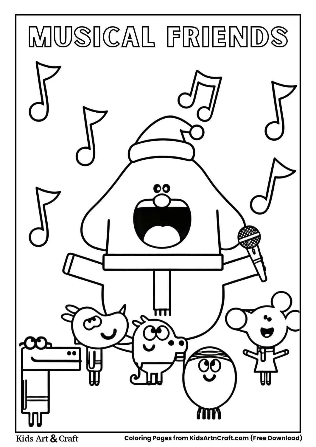 Group of cartoon animals singing with musical notes