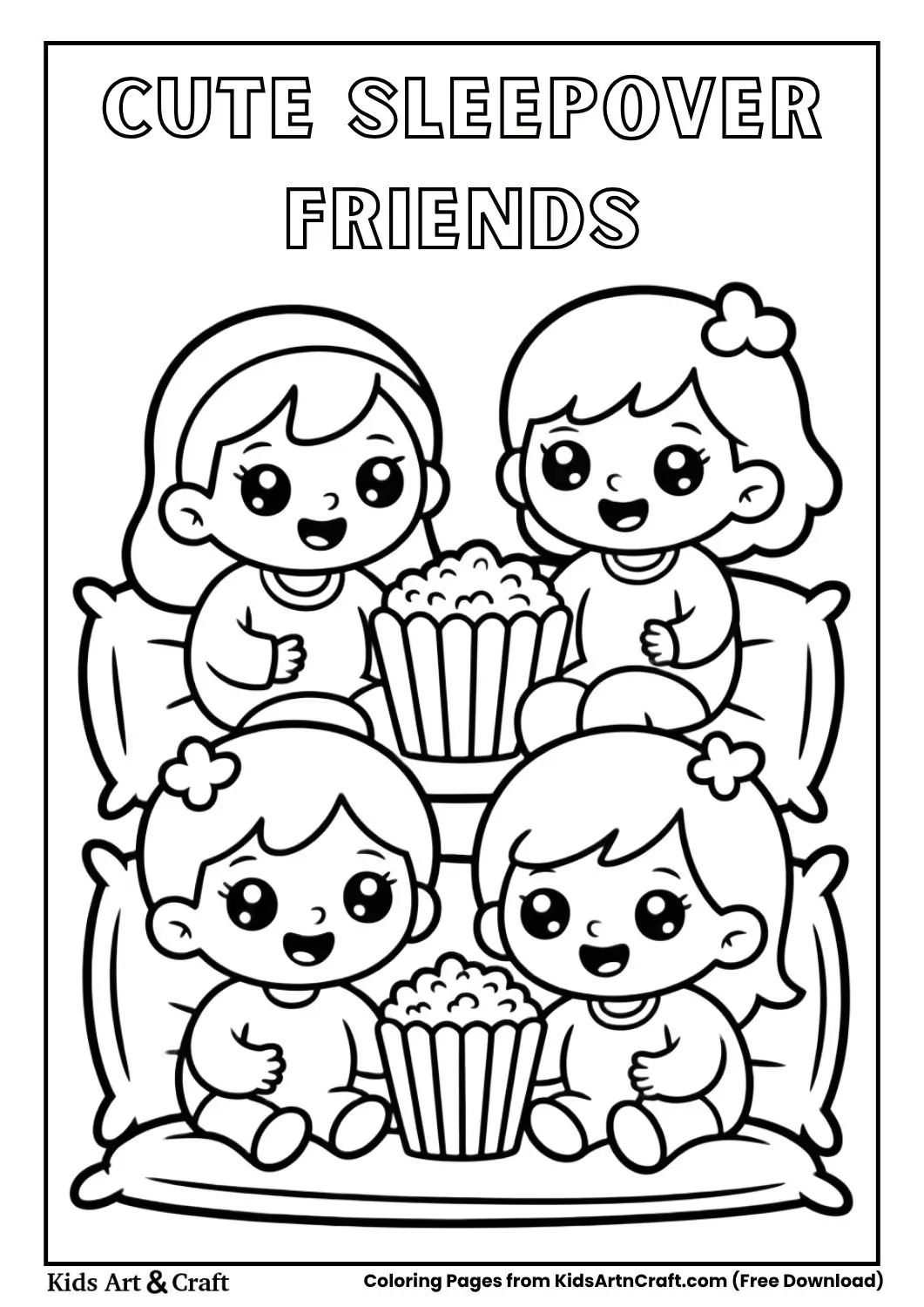 kids sleepover with snacks and pillows coloring page