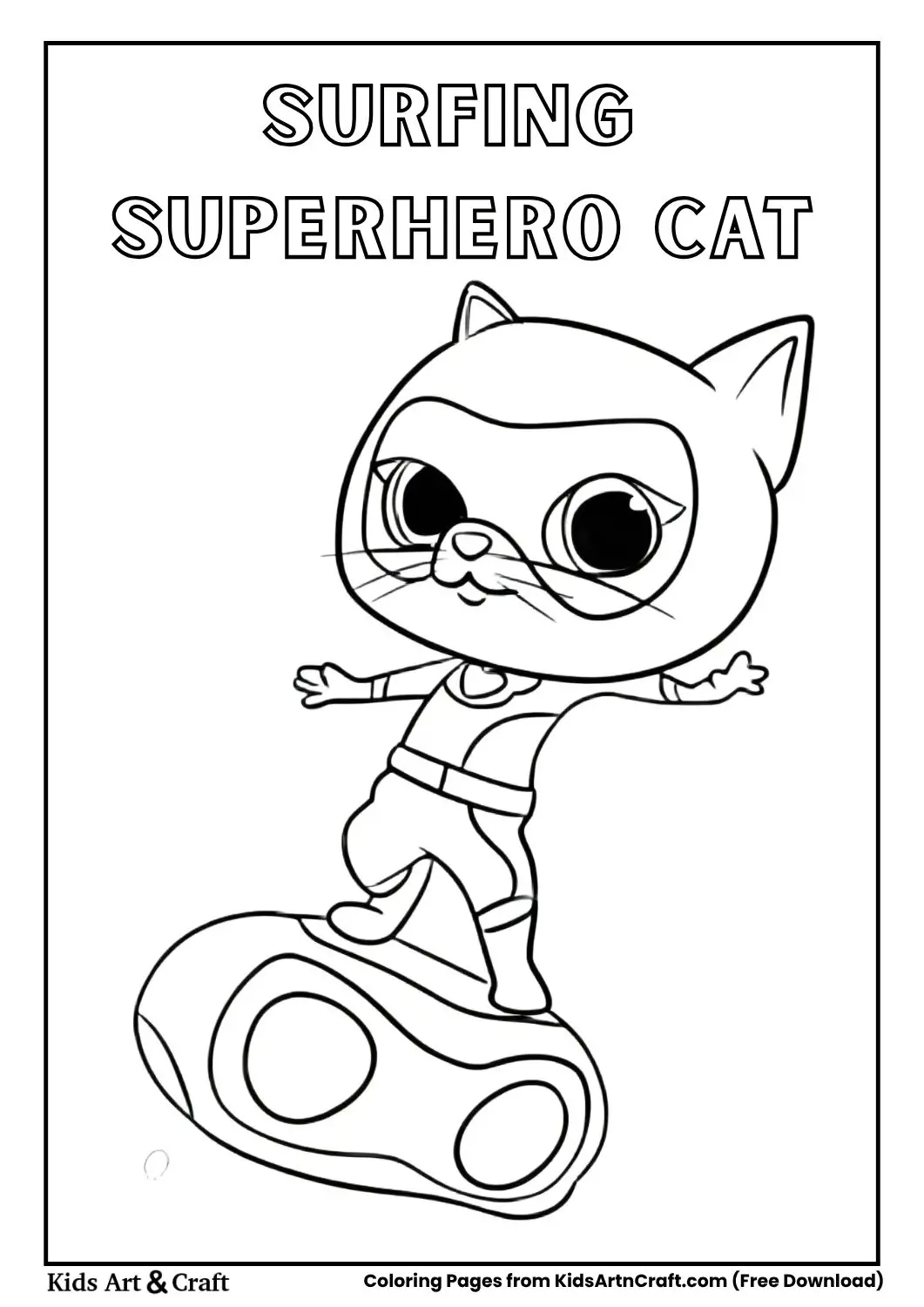 Cartoon superhero cat balancing on a surfboard with flowers around coloring page