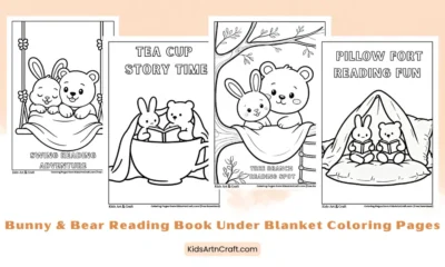 Bunny & Bear Reading Book Under Blanket Coloring Pages for Kids