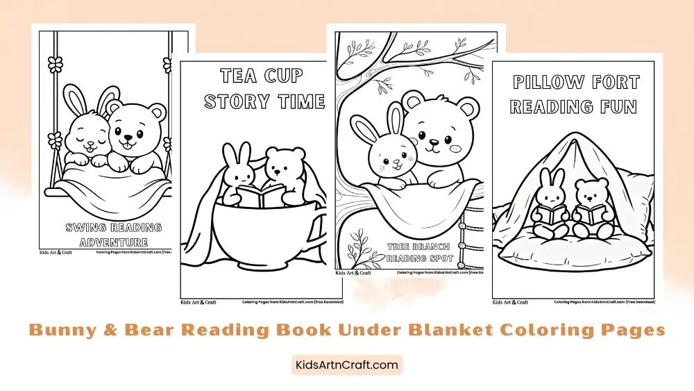 Bunny & Bear Reading Book Under Blanket Coloring Pages for Kids