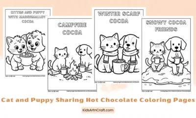 Cat and Puppy Sharing Hot Chocolate Coloring Pages for Kids