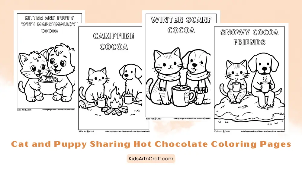 Cat and Puppy Sharing Hot Chocolate Coloring Pages for Kids