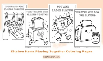 Kitchen Items Playing Together Coloring Pages for Kids