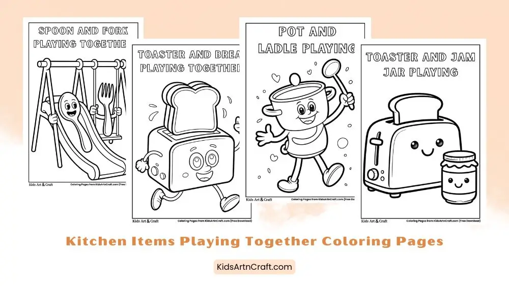 Kitchen Items Playing Together Coloring Pages for Kids