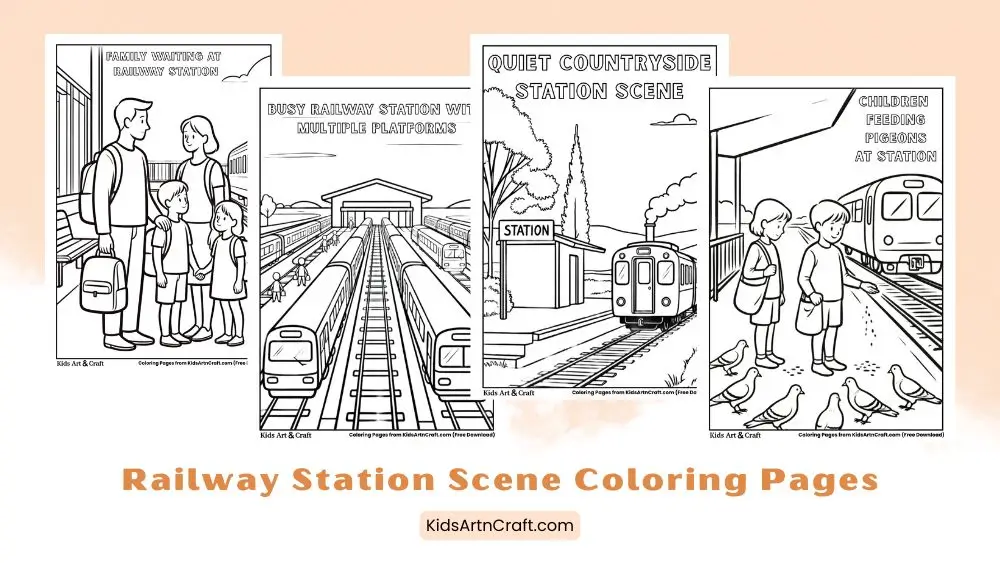 Railway Station Scene Coloring Pages for Kids