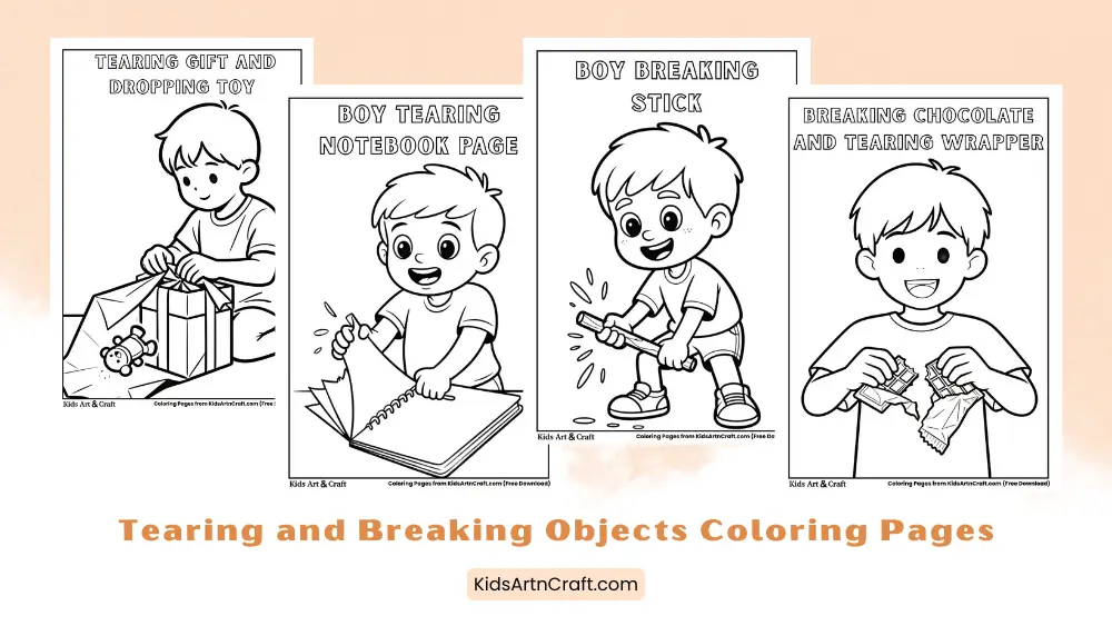 Tearing and Breaking Objects Coloring Pages for Kids