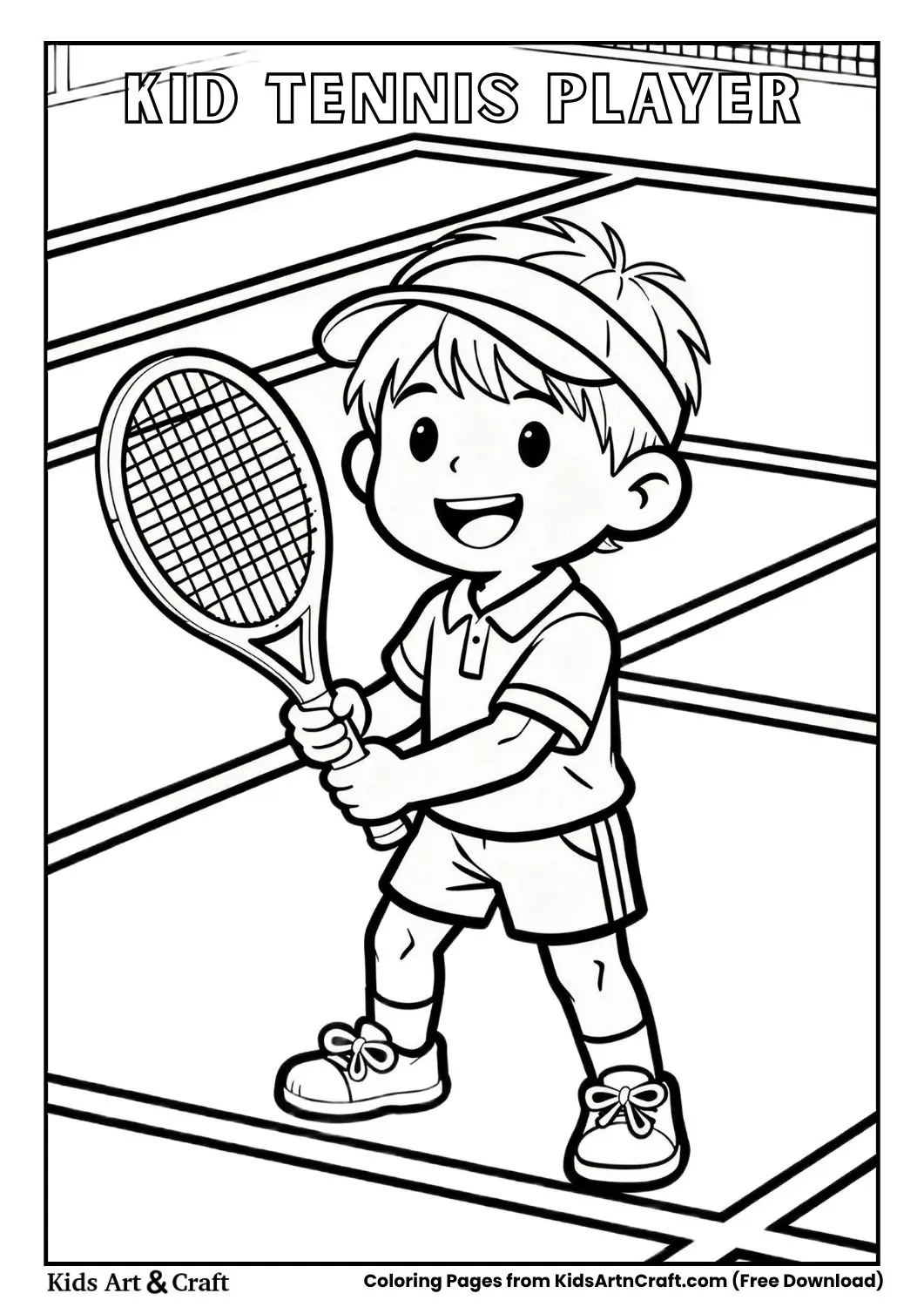 kid holding tennis racket simple coloring page