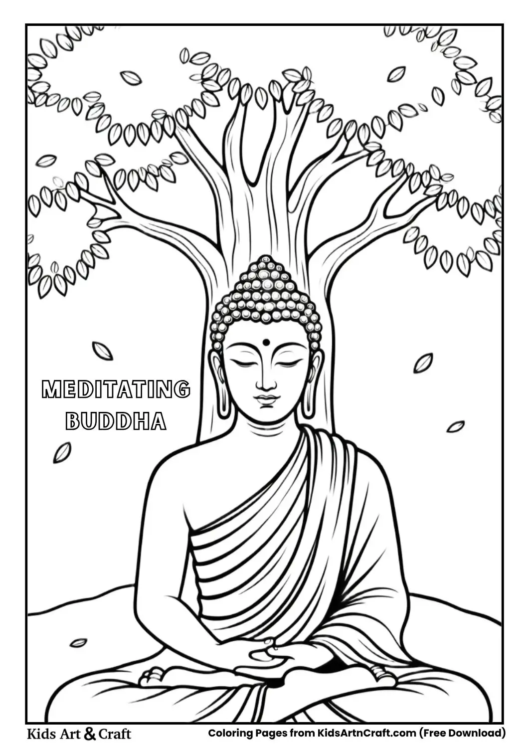 Buddha meditating under Bodhi tree simple coloring page