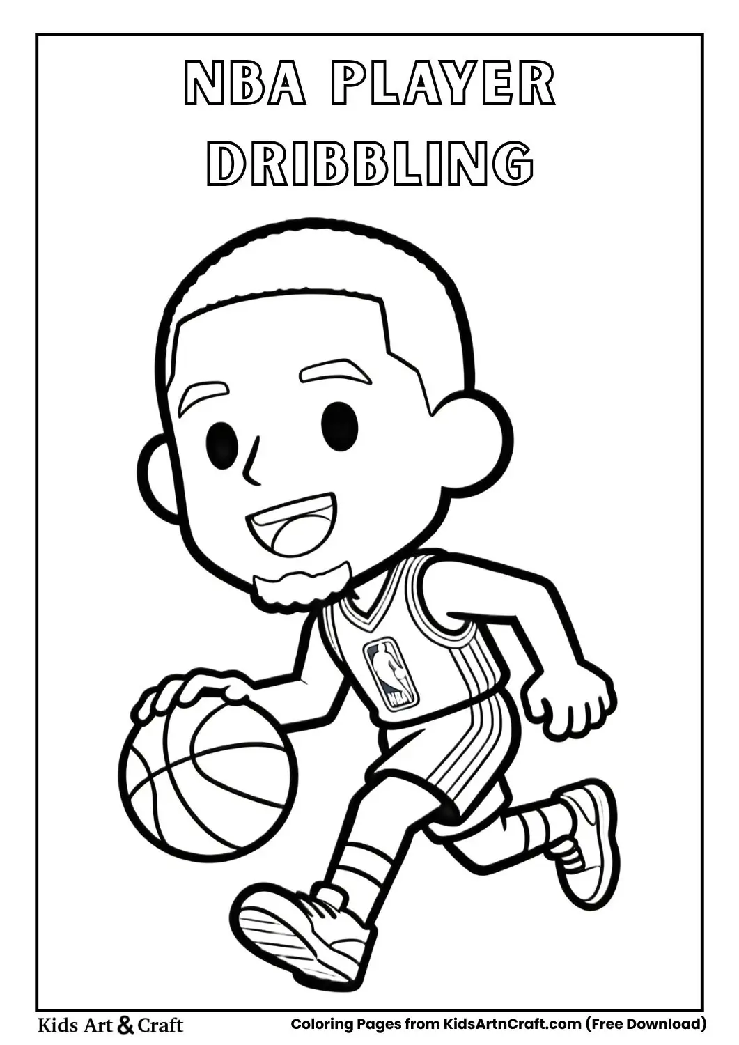 Cartoon NBA player dribbling basketball coloring page for kids