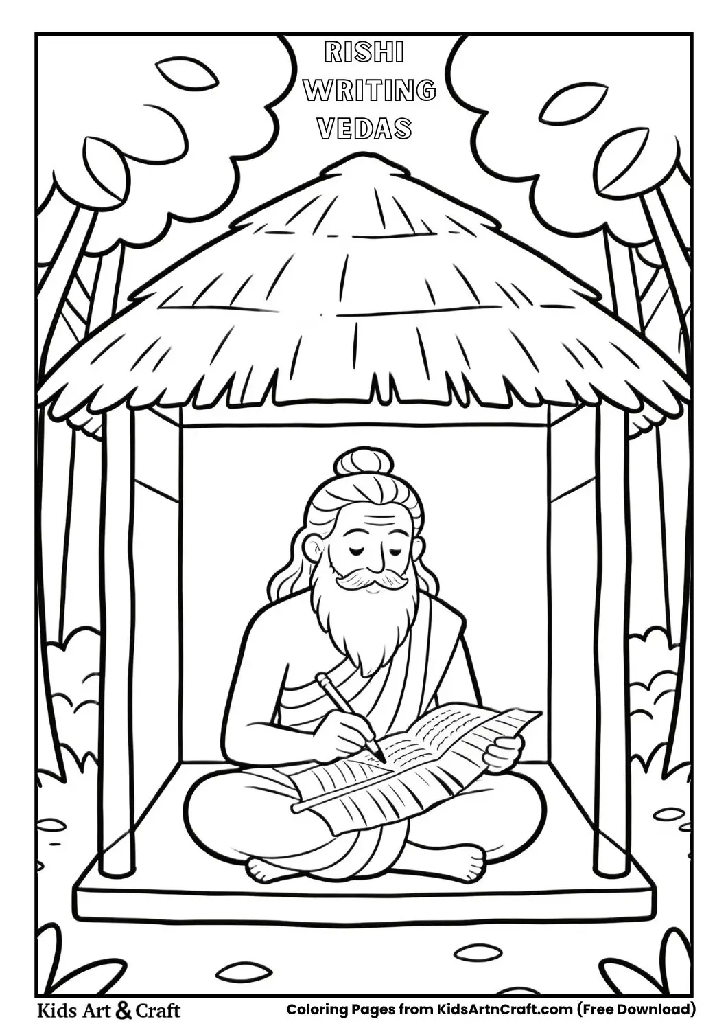 Rishi writing the Vedas under a thatched hut in a peaceful forest coloring page.