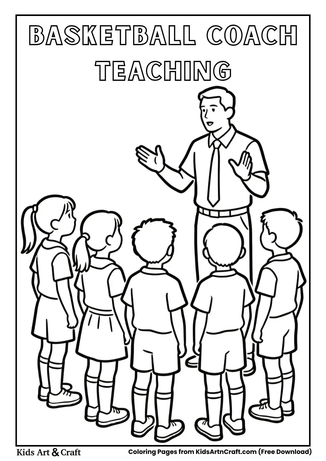 Basketball coach teaching kids coloring page